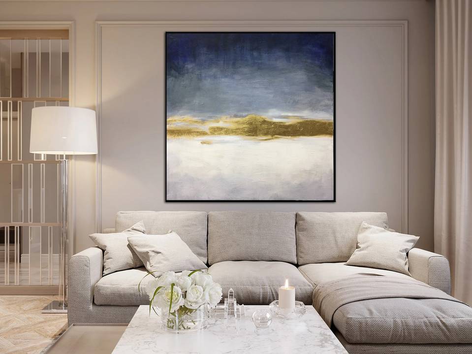 Blue Original Handmade Office Gold Navy Abstract Canvas Wall Art CN8XT
